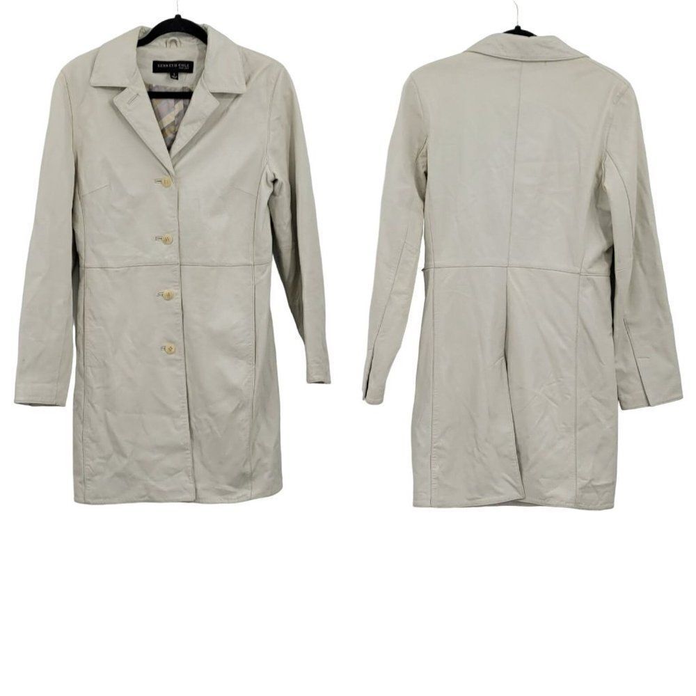 Kenneth Cole Leather Trench Coat Notch Collar Single Breasted Button Down Bone S